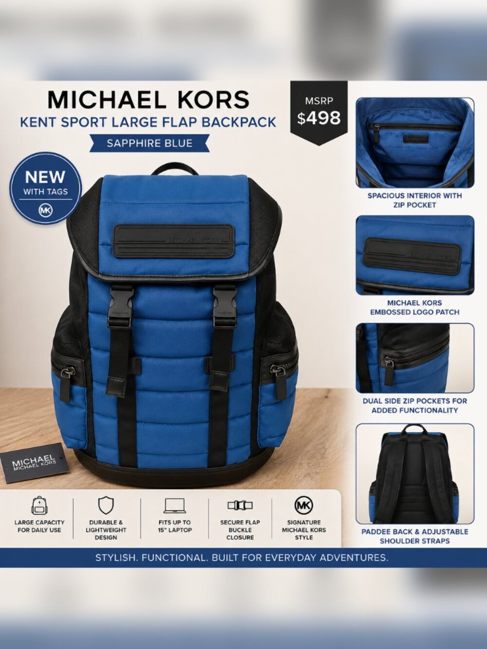Michael Kors Kent Sport Large Flap Backpack – Sapphire Blue, NWT (MSRP: $498)